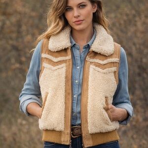 Vintage Sherpa Western Vest Suede Trim Made In Taiwan Size Small